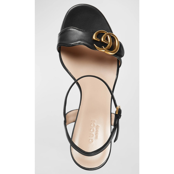 Gucci Marmont Black Leather Gold GG Logo Block Heel Ankle Strap Pump Sandal 40 - Picture 7 of 13